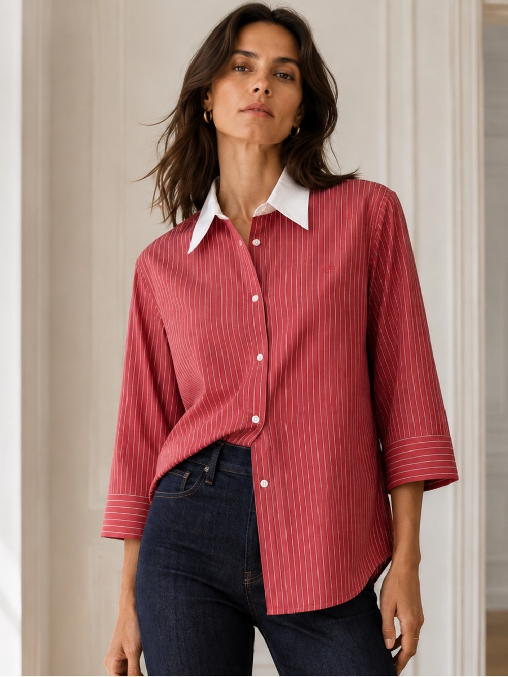 Lauren Ralph Lauren Stripe Cotton Button Up Shirt Washed Red 1X